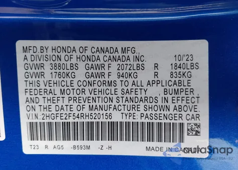 2024 Honda Civic Sport из США, поврежденный, VIN 2HGFE2F54RH520156